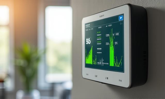 Smart thermostat showing energy efficiency metrics