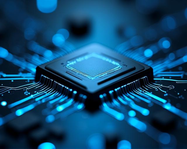 Futuristic hardware circuit with glowing AI neural connections