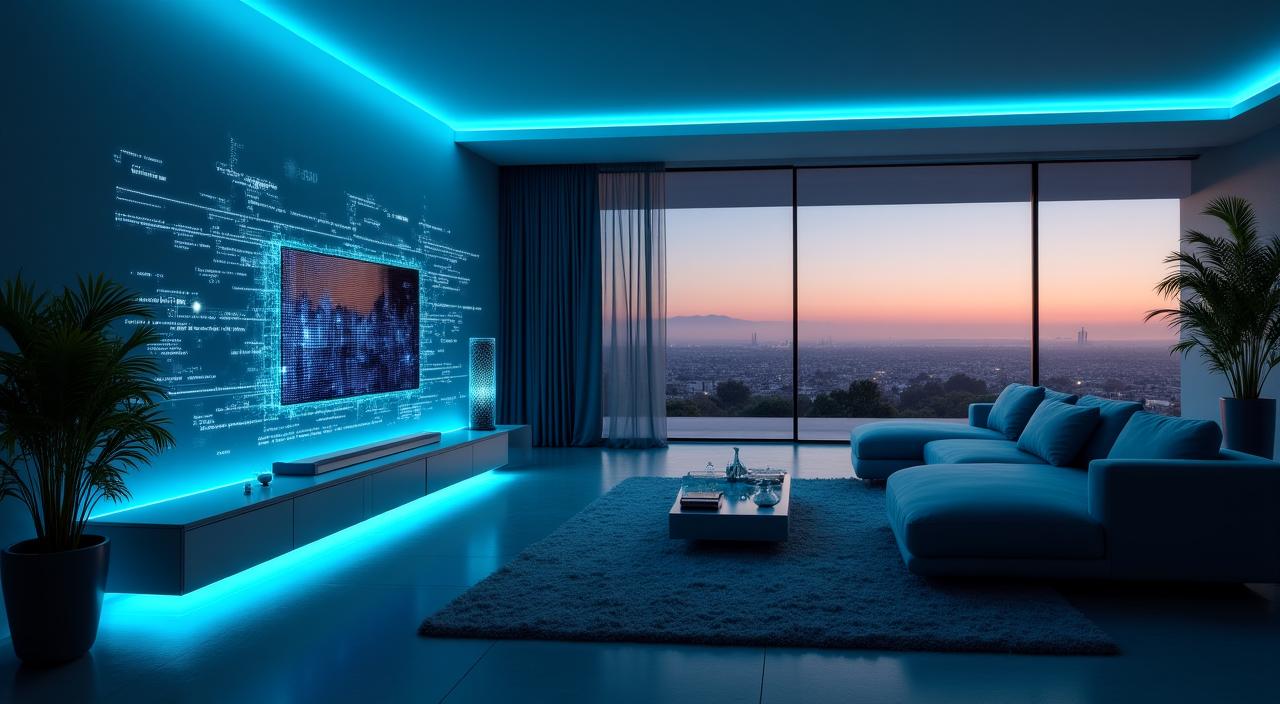 Modern sustainable home with digital AI overlays for energy efficiency