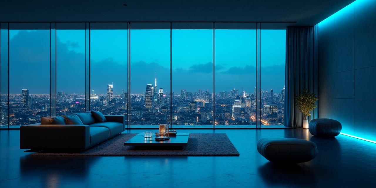 A futuristic minimalist living room reflecting ambient AI lighting and seamless architectural integration