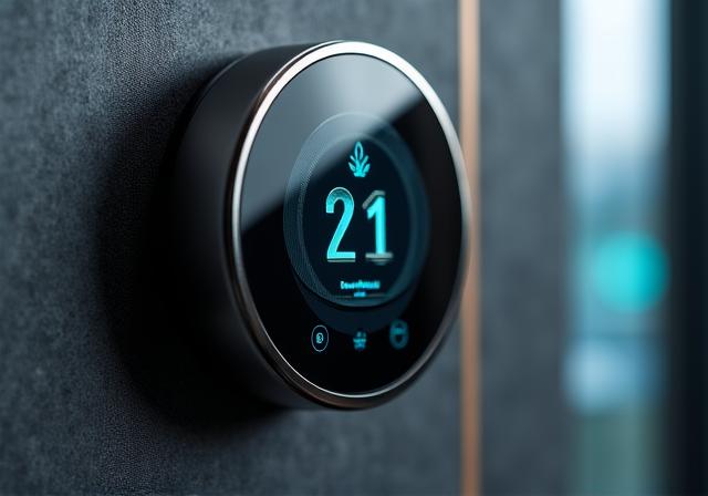 Close up of a futuristic digital thermostat interface displaying energy savings