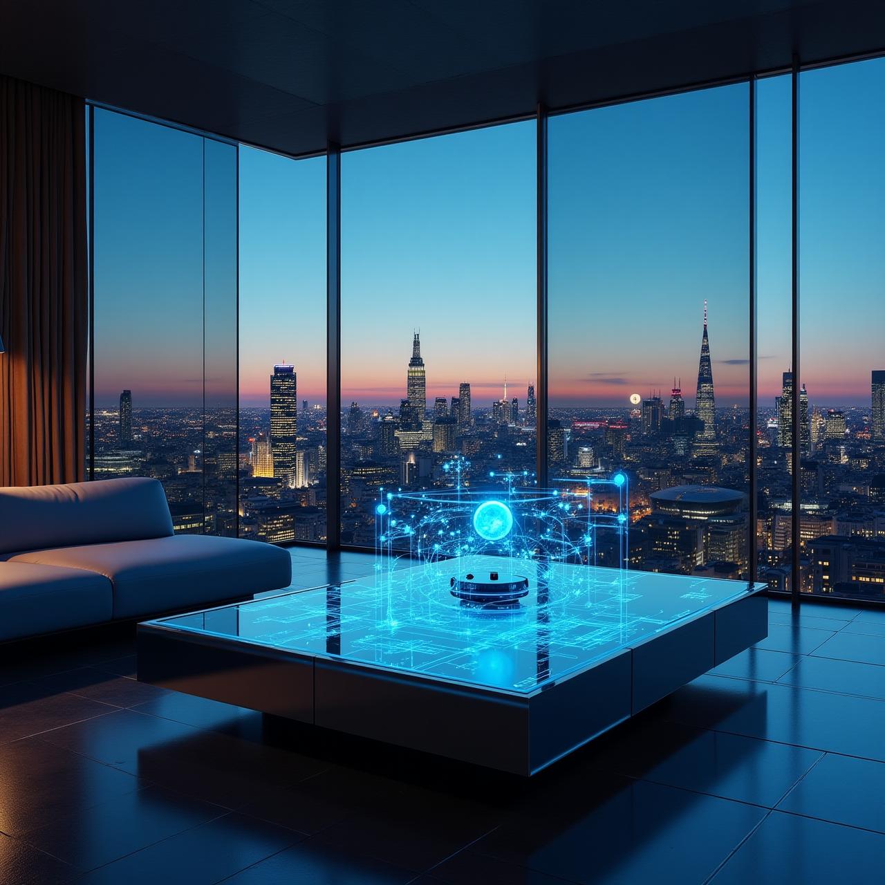 Futuristic AI-powered home interior with holographic interfaces