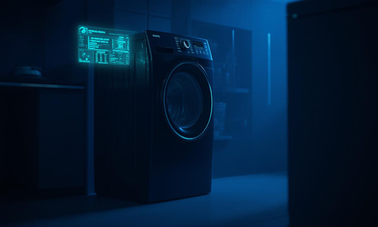 Modern futuristic laundry room with AI diagnostic overlays