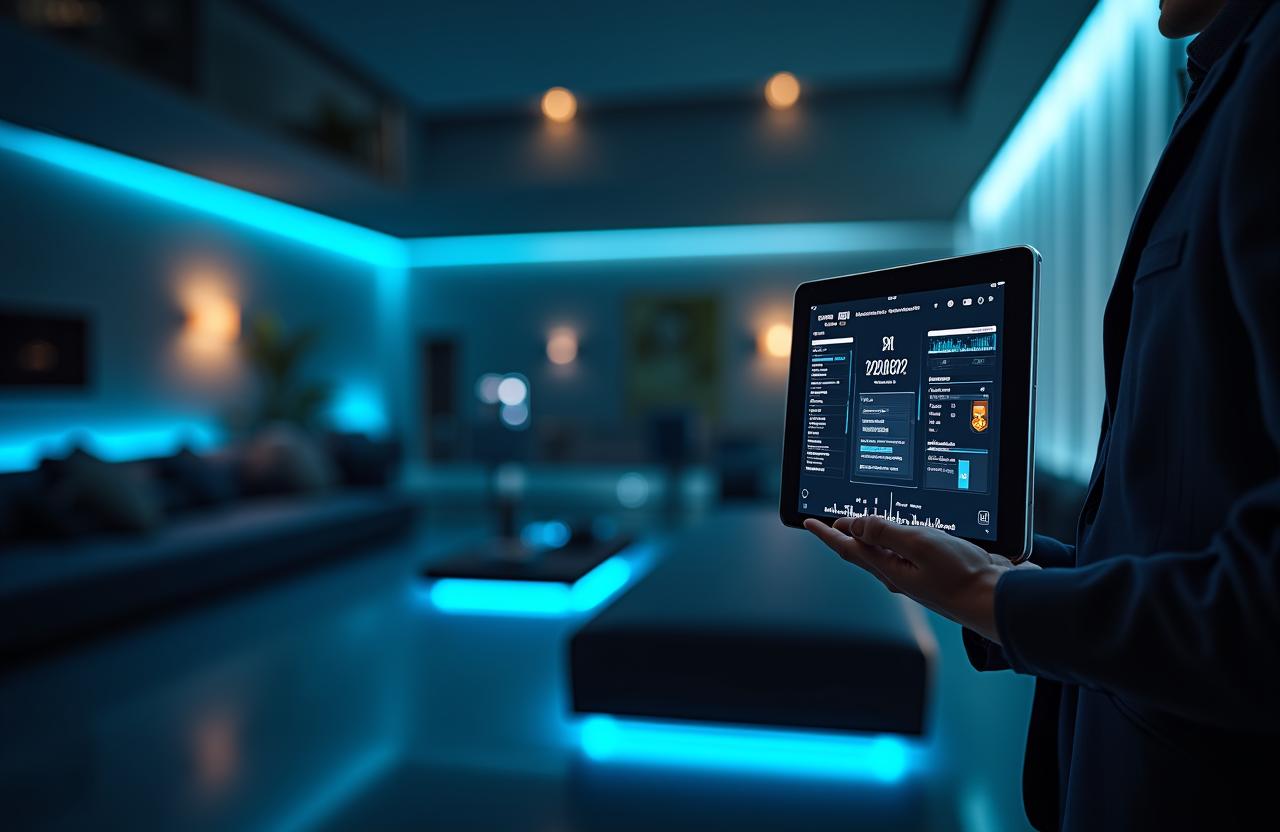 Futuristic AI-powered home dashboard visualization